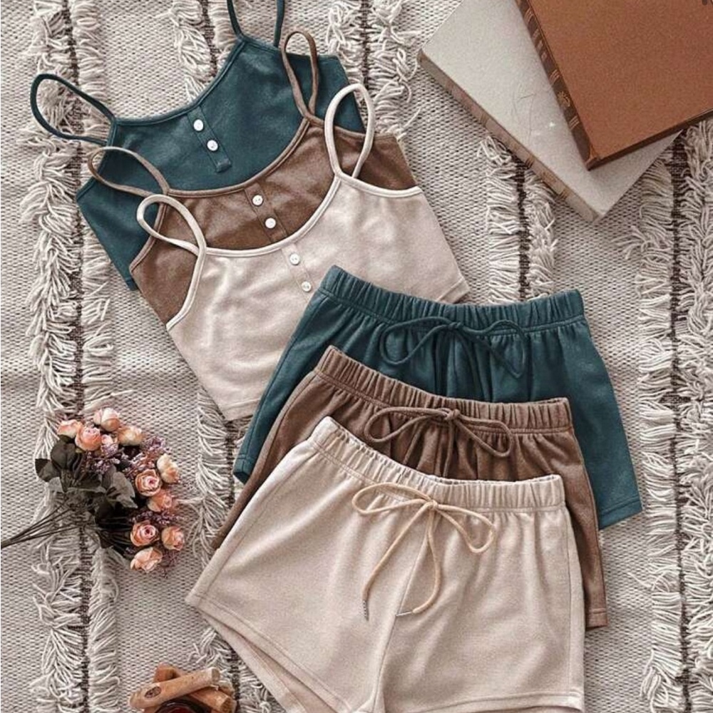SHEIN 3 Piece Lounge Set Button Detail Top & Tie Front Shorts Pink Blue XL